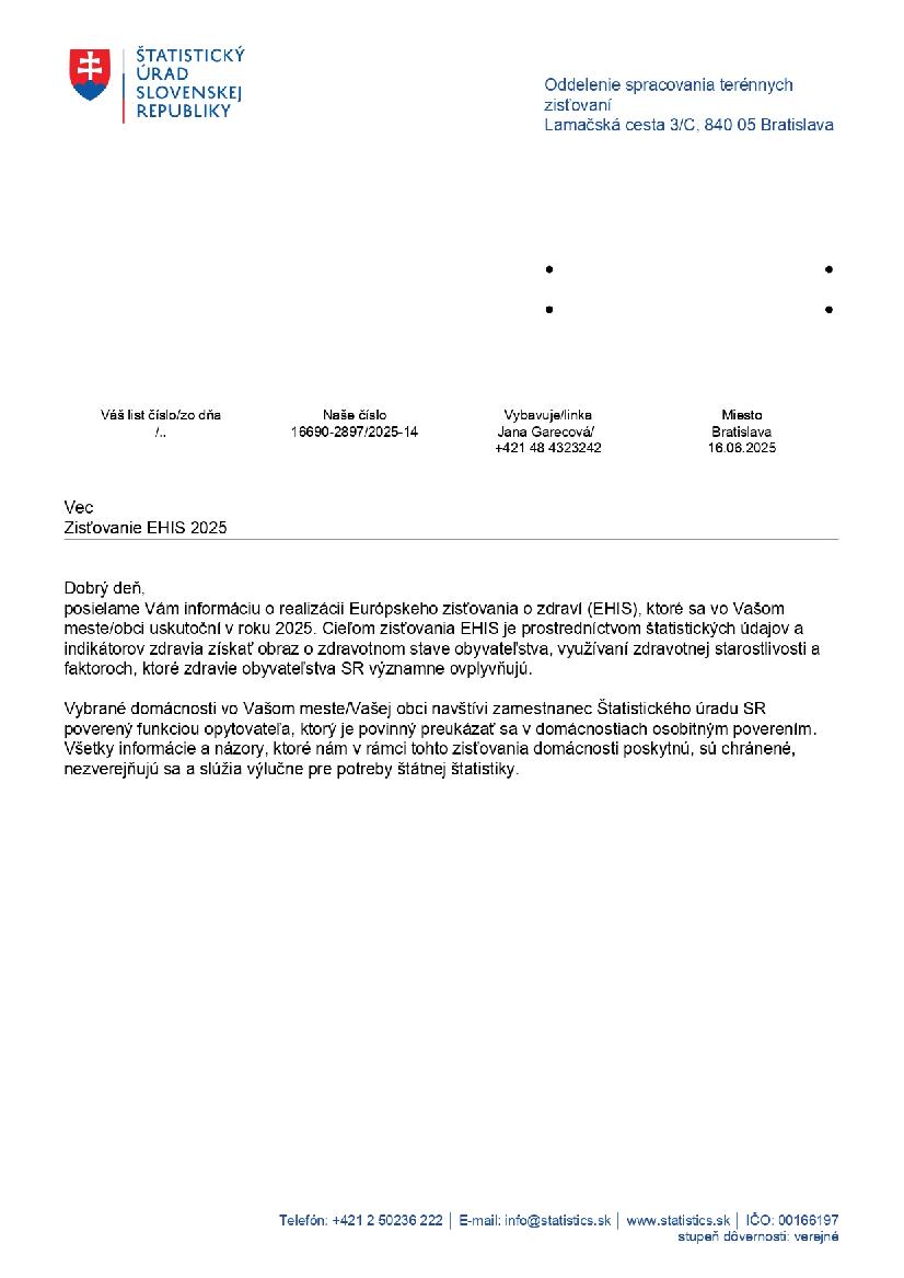 Európske zisťovanie o zdraví (EHIS) 2025 sa uskutoční v našom meste