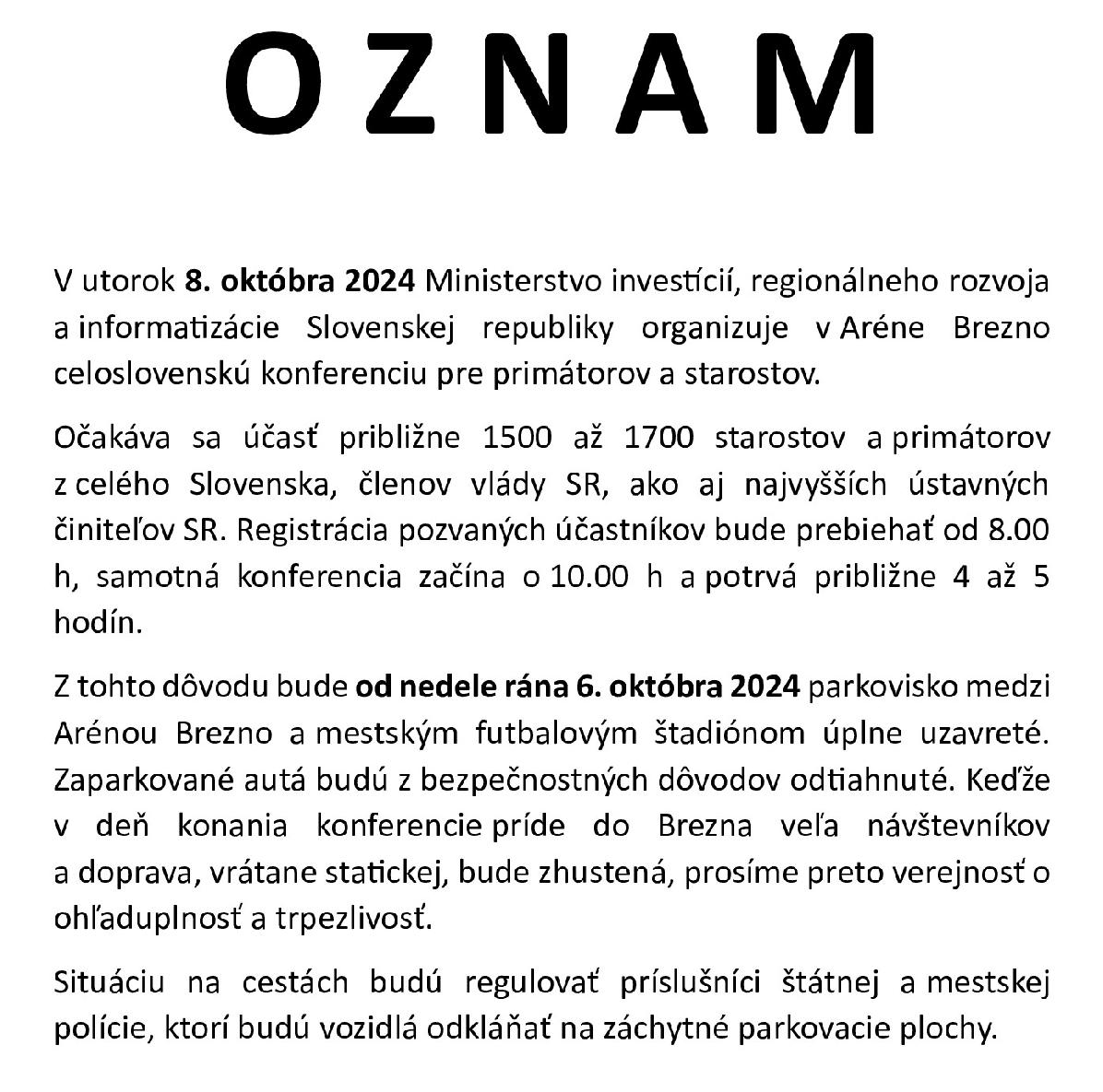 obr: Oznam pre občanov - uzatvorenie parkoviska